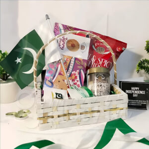 Azadi Delight gift basket filled with green and white themed treats – perfect for 14 August celebrations.