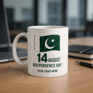 White ceramic mug with Pakistan flag and 14 August design – perfect for Independence Day celebrations.