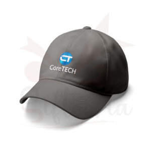 Black customized cap with company logo printed on front