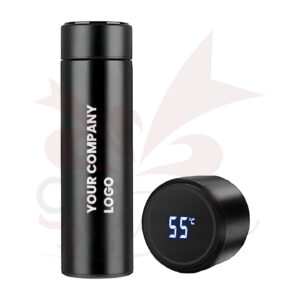 Black stainless steel water bottle with LED temperature display on lid
