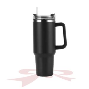 Black stainless steel tumbler with handle and straw