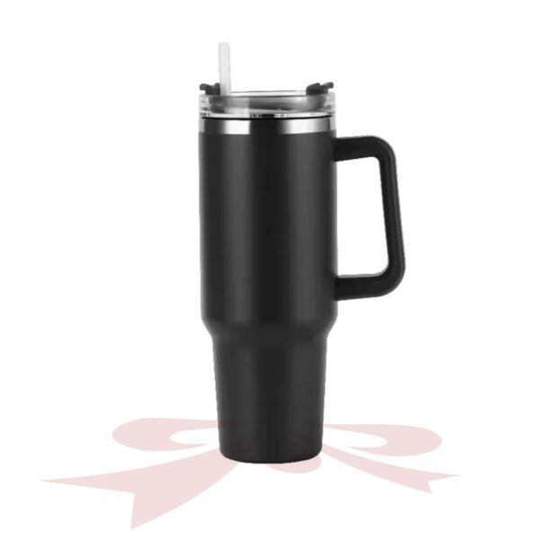 Black stainless steel tumbler with handle and straw