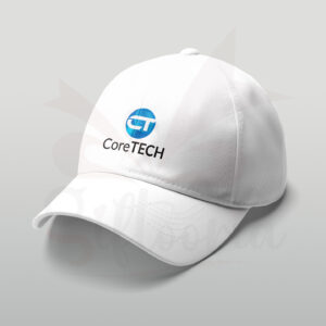 White customized cap with company logo printed on front
