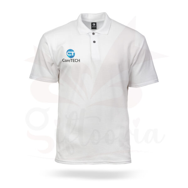Custom white polo shirt with embroidered company logo