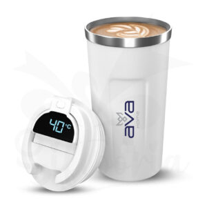 White temperature display coffee mug with LED lid and stainless steel interior