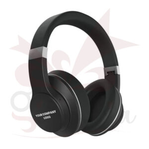 Black customized wireless headphones with company logo