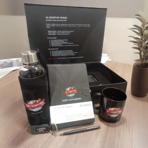 Premium Elite Corporate Gift Box featuring luxury branded items including mug, pen, notebook, and keychain — elegant executive gift set for corporate clients and employees