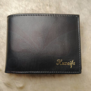 Black customized leather wallet with embossed company logo – premium corporate gift