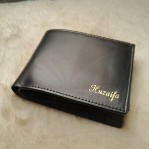 Black customized leather wallet with embossed company logo – premium corporate gift