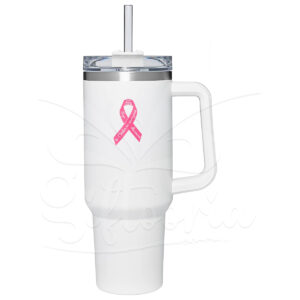 White 700ml insulated tumbler with handle and clear straw, featuring a bright pink ribbon graphic and the text "Hope in October we wear pink awareness" for Breast Cancer Awareness.